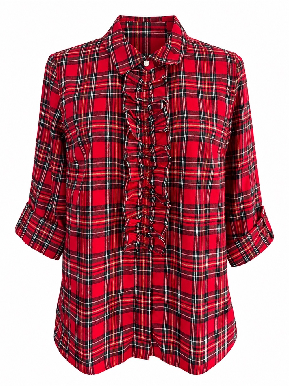 Tommy Hilfiger Red Tartan Plaid Ruffle Front Blouse Top – L
